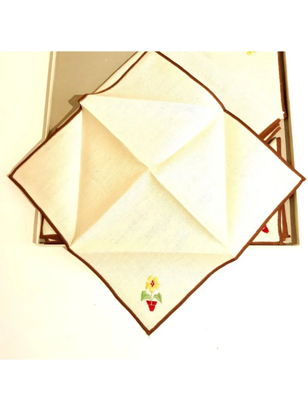 Vintage Embroidered Floral Linen Tablecloth w 4 Napkins Brown Trim & Potted Yell